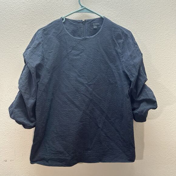 COS Seersucker Ruched Puffed Sleeves Top SZ 38 US 6 Boxy Fit Black Minimalist - Picture 1 of 7